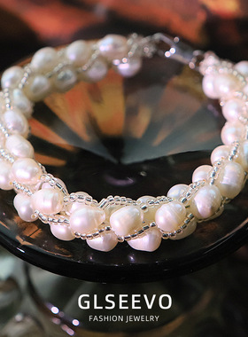 原创白色天然珍珠玻璃手链女轻奢百搭款小众高级感手镯手串手饰品