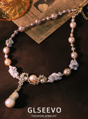 巴洛克珍珠蛇形花藤锆石项链复古气质高级镀18k金保色百搭锁骨链
