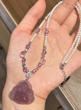 紫色天然高冰玉髓佛公吊坠珍珠项链配饰女锁骨链轻奢小众颈链饰品