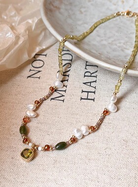 异形淡水珍珠祖母绿锆石吊坠颈链时尚橄榄石串珠项链轻奢锁骨链女