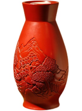 精品【 村上堆朱花瓶 】 - 日本旧物，木雕堆漆再手工刻纹