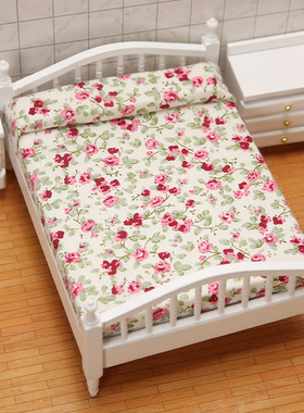 1:12娃娃屋DOLLHOUSE迷你家具微缩食物小碎花卧室场景白色双人床