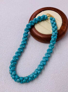 优化松石哑铃珠项链中古vintage古董复刻骨头蓝松石重工锁骨链