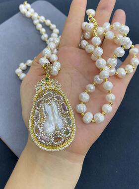 新款手工巴洛克珍珠吊坠毛衣链镶嵌碧玺原石锆石天然石项链