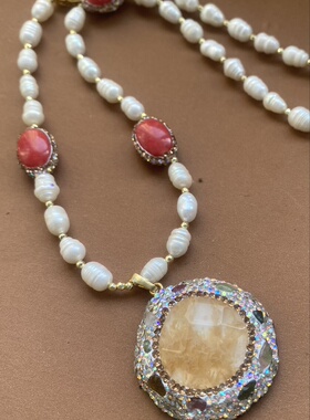 新款原刨彩色碧玺项链吊坠镶嵌金线石石复古宫廷风毛衣链新款