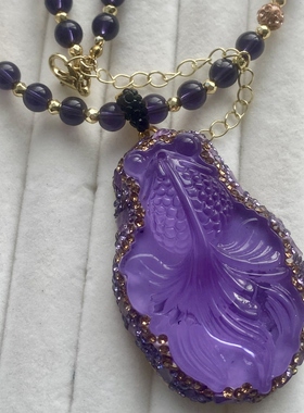 新中式锦鲤吊坠鲤鱼鲤鱼跃龙门上岸项链紫色琉璃压电水晶毛衣链