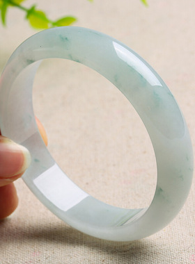 天然缅甸翡翠手镯女款翡翠玉手镯女款白底飘花少女细款油青手镯子