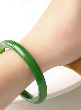 新疆和田玉手镯女款菠菜绿圆条碧玉手镯天然玉镯子玉石手镯女