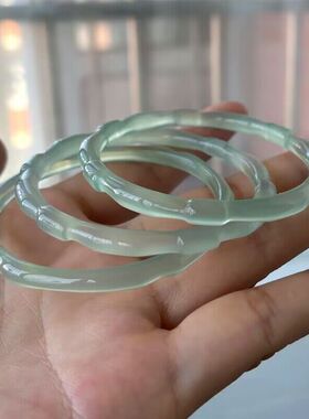 冰种远山黛油青绿玉髓竹节手镯浅绿色玛瑙女款节节高玉镯礼品