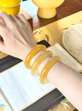 翡翠冰种黄龙玉手镯半山半水桂花酿新中式黄翡手镯