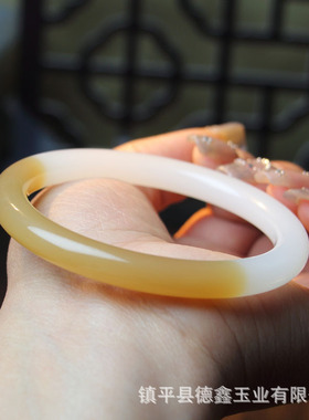 外蒙料仿新疆和田糖白玉手镯黄沁皮加厚细圆条美人镯玉石手镯