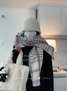 喜欢柔软亲肤的宝给我入它！少女感低饱和度温柔粉蓝格子围巾保暖