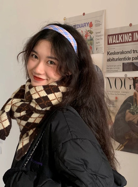 针织格子围巾女秋冬季韩版百搭学生可爱少女保暖加厚毛线围脖男潮