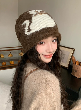 韩版复古提花猫咪针织套头帽女秋冬出街显脸小护耳毛线帽潮冷帽潮