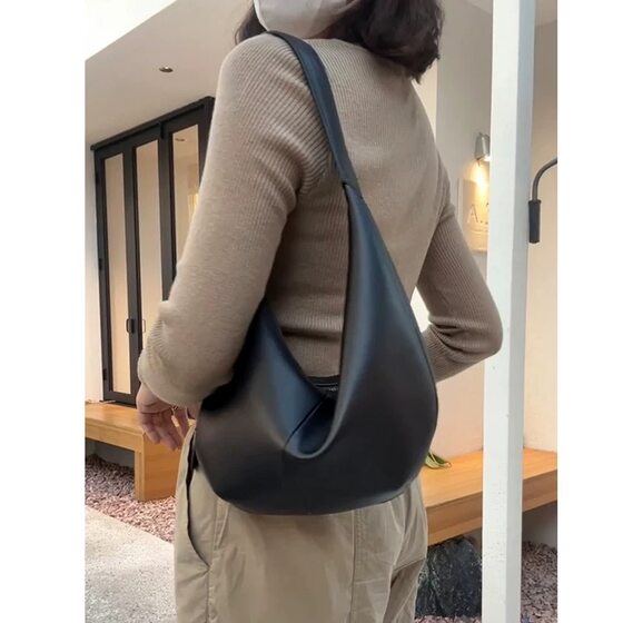 Black soft leather dumpling bag, high-end commuter crossbody bag