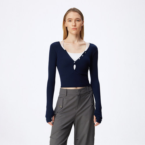 运动长袖女修身高腰瑜伽健身休闲螺纹T恤TP029 | 粒子狂热 - 图1