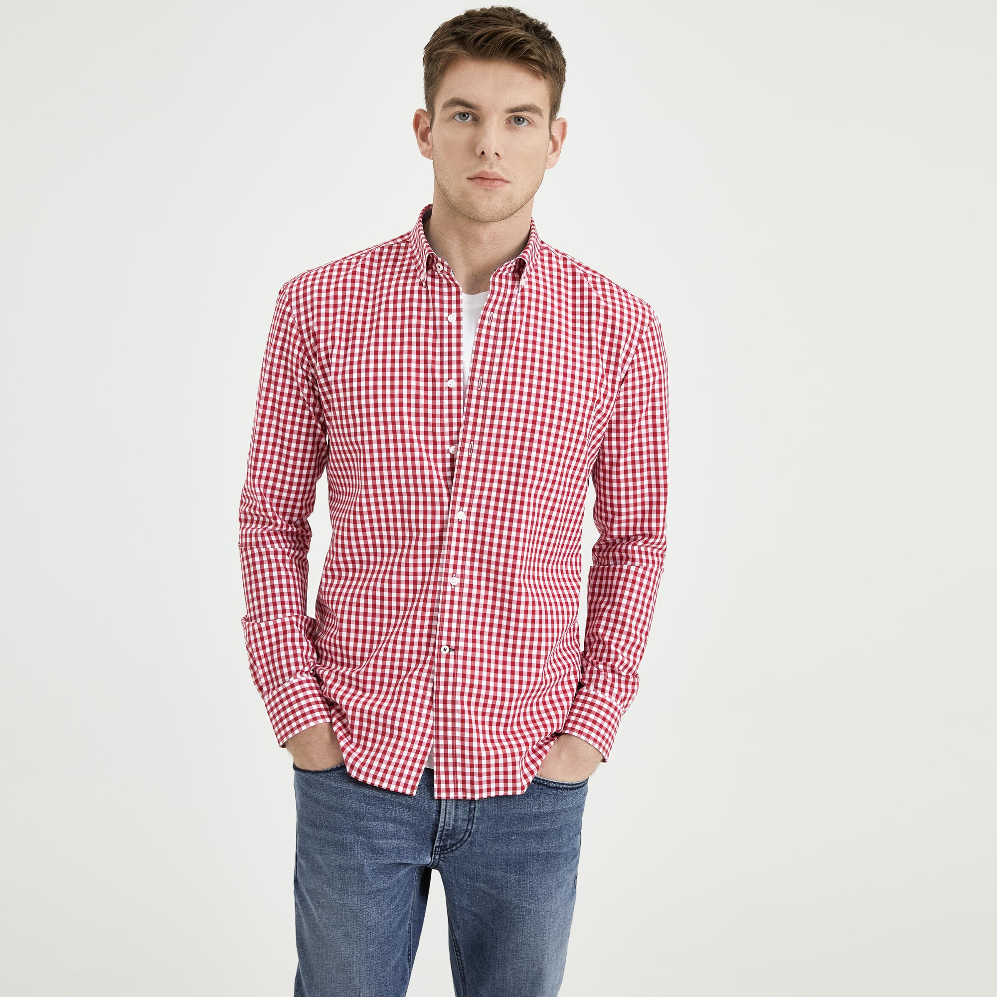 SmartFive 撞色修身红色格子衬衫男长袖纯棉时尚青年美式休闲衬衣