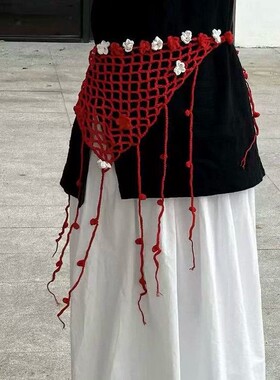 森系田园踏青风紫花屁帘腰链三角流苏手工编织叠穿半身裙氛围感饰