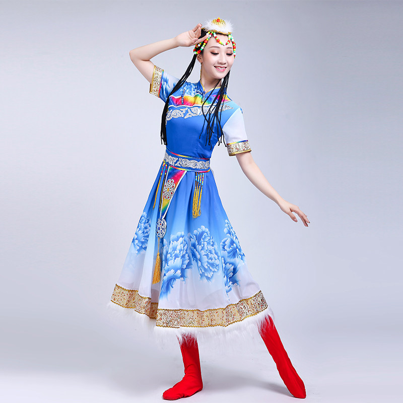 新款藏族演出服装女成人广场舞长裙 哈衣部落民族服装/舞台装