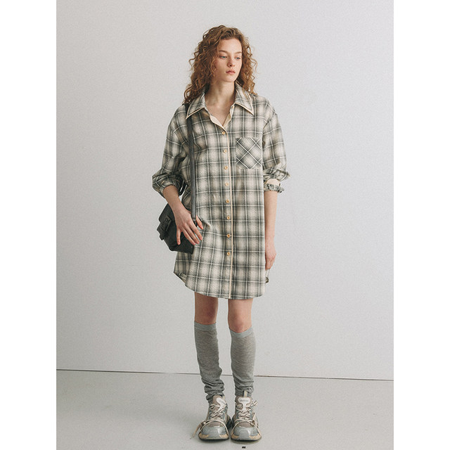 Popchrio irregular casual plaid shirt skirt
