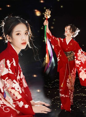 神明少女日本和服清新摄影复古小振袖暗黑长裙改良中国风和服女