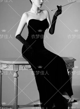新款照相馆主题赫本风写真礼服黑色丝绒抹胸法式复古气质鱼尾婚纱