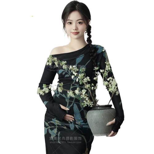 孕妇影楼写真主题拍照新款复古新中式气质水墨画抹胸裙摄影服装孕 - 图1