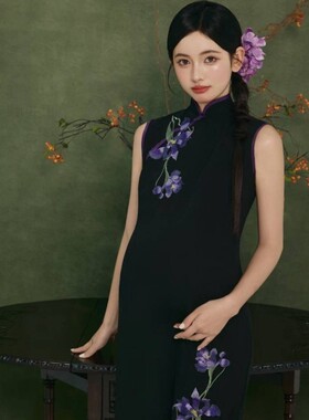 影楼新款新中式唯美旗袍改良复古风孕妇高级感紫色兰花旗袍写真服