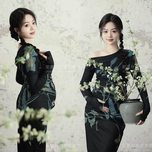 孕妇影楼写真主题拍照新款复古新中式气质水墨画抹胸裙摄影服装孕 - 图3