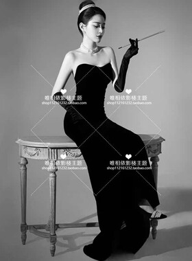 法式赫本风气质黑色丝绒鱼尾抹胸礼服照相馆写真主题个人摄影服装