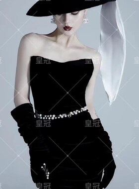 2023新款法式复古赫本风黑色抹胸鱼尾礼服艺术形象肖像照写真服装