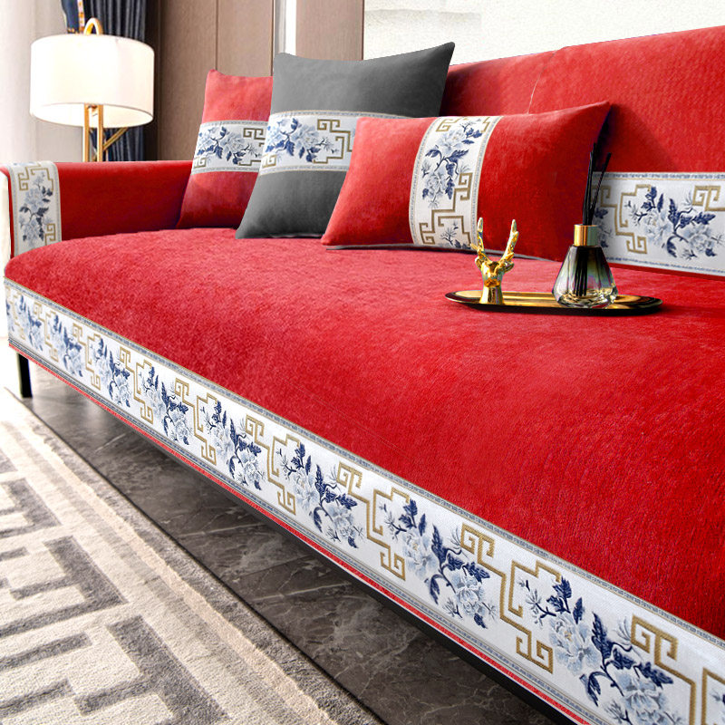 雪尼尔沙发垫四季通用防滑坐垫沙发套子纯色简约现代靠背巾防猫抓