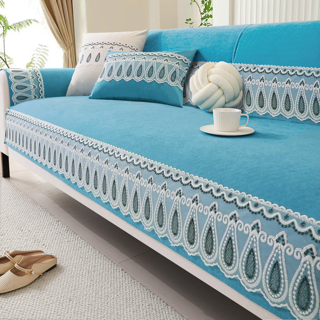 雪尼尔沙发垫四季通用防滑坐垫沙发套罩子简约现代北欧实木靠背夏