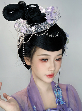 紫花帷帽 新中式古风斗笠盘发流苏热缩花发冠花神唐风汉服头饰女