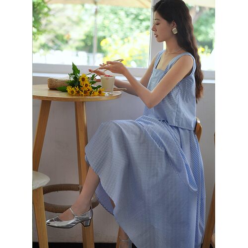 【断码清仓】青的衣服 复古方领套装裙 彩色格纹显瘦高腰大摆裙 - 图0