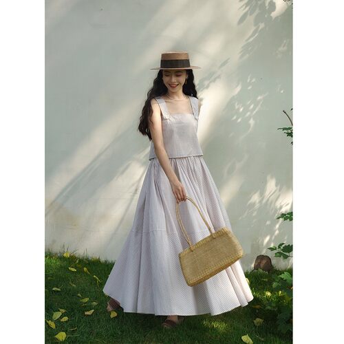【断码清仓】青的衣服 复古方领套装裙 彩色格纹显瘦高腰大摆裙 - 图2