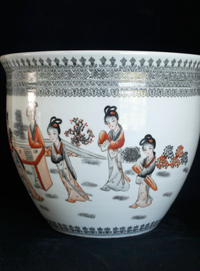 景德镇80年代八侍女墨彩庭院缸