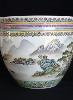 景德镇80年代粉边粉彩山水睡莲缸