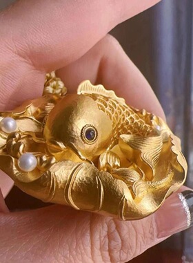 手工制作小胖鱼花丝镶嵌珍珠吊坠项链复古高级感百搭气质錾刻工艺