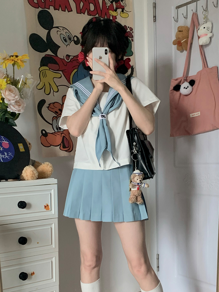 正版关西襟基础水手服中间服春夏款浅蓝领三本白身水色JK学生制服 - 图1