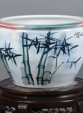 景德镇陶瓷鱼缸手绘竹子荷花睡莲缸客厅阳台装饰金鱼乌龟盆风水缸