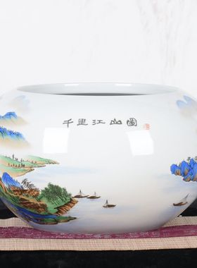 景德镇陶瓷鱼缸谢德标大师手绘青花水浅睡莲碗莲盆笔洗家用养鱼盆