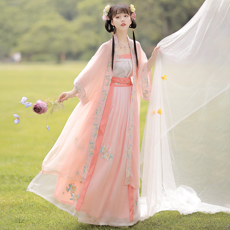 原创正品汉服女夏季中国风粉色少女宋制对襟长衫吊带齐腰襦裙古装