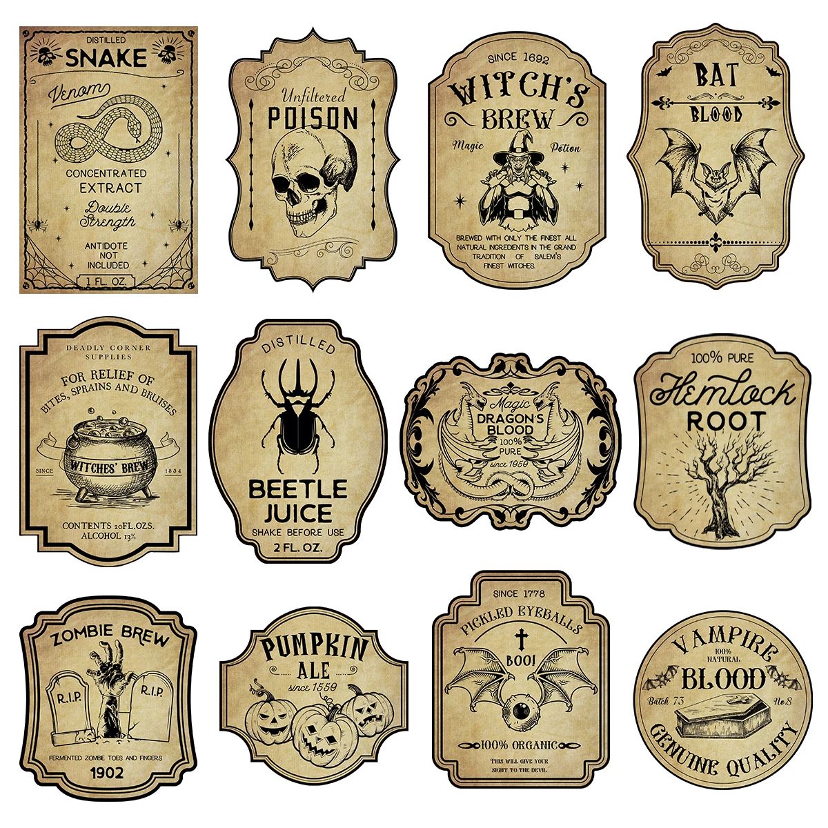 12/24pcs Halloween Retro Horror Gothic Wine Bottle Labels St - 图0