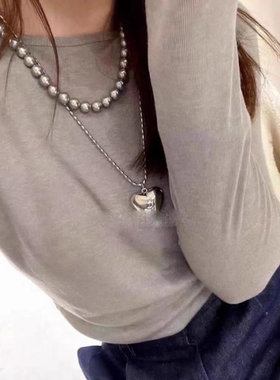 向日葵欧尼同款爱心项链银色长款卫衣链ins韩简约配饰高级感叠戴
