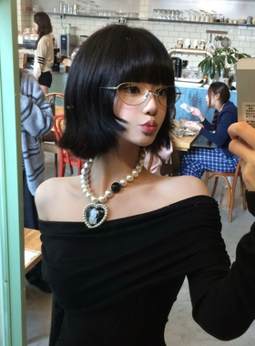 孟子义同款项链黑色珍珠毛衣链小众设计感锁骨链颈链配饰爆款