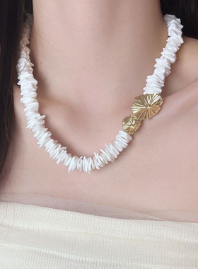 欧美小众轻奢设计款不规则天然贝壳褶皱项链高级感花朵项链锁骨链