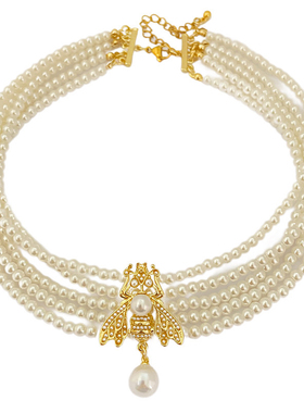 法式气质蜜蜂多层珍珠项链个性夸张锁骨链小众高级感轻奢复古项饰