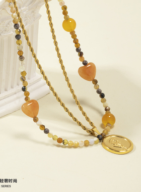 kevkev新款复古双层彩色串珠锁骨链轻奢小众向日葵吊坠项链女礼物