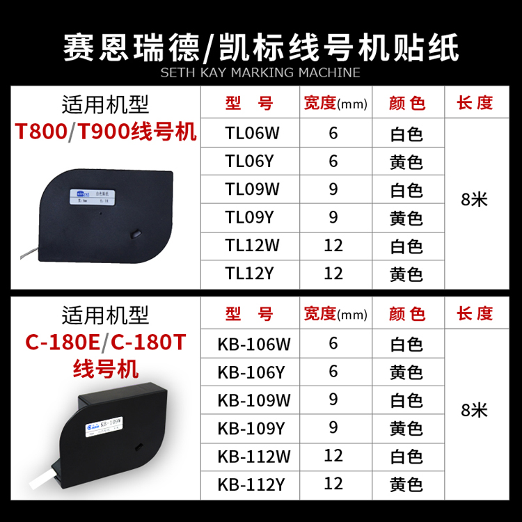 赛恩瑞德机T800/T900/180E线号机贴纸白黄色不干胶标签纸6/9/12MM-图2